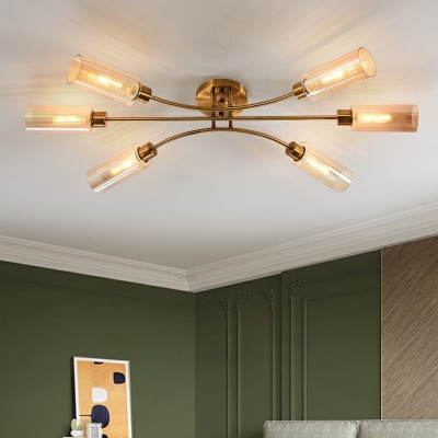 Antiqued Brass Tube Ceiling Fixture Postmodern Glass Semi Flush Mount Lighting for Bedroom