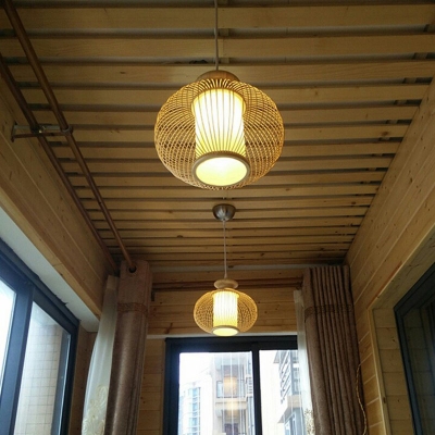 Bamboo Cage Pendulum Light Asian Single Wood Suspension Lighting for Dining Room