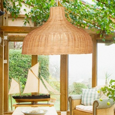 Bamboo Weaving Onion Shaped Pendant Lamp Asian Single-Bulb Hanging Light for Terrace