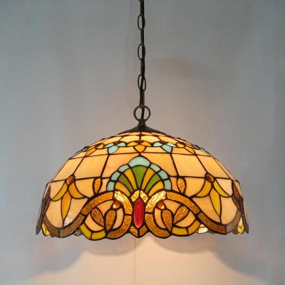 Beige Dome Suspension Light Tiffany Style 2 Bulbs Stained Glass Chandelier Light for Dining Room
