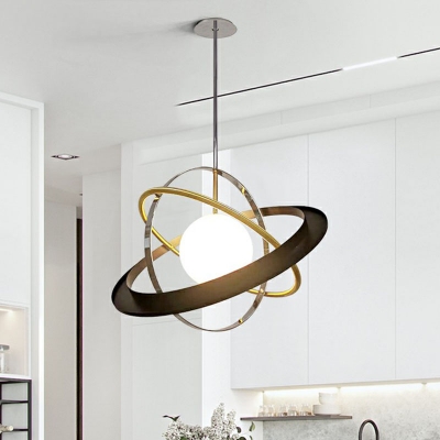 Black and Brass Orbital Planet Pendant Light Post-Modern 1-Light White Glass Hanging Lamp Kit