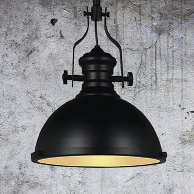 Black Bowl Shaped Pendulum Light Industrial Metal Single Dining Room Hanging Lamp with Frosted Glass Diffuser
