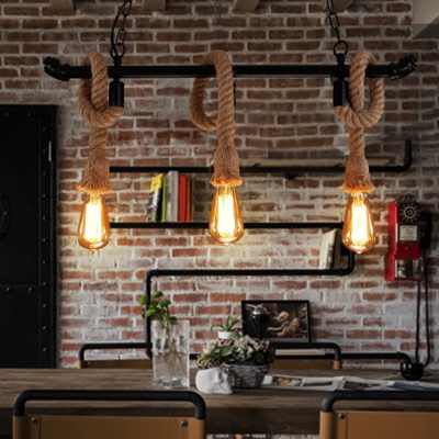 Black Linear Island Lighting Factory Iron Restaurant Pendant Lamp with Dangling Rope