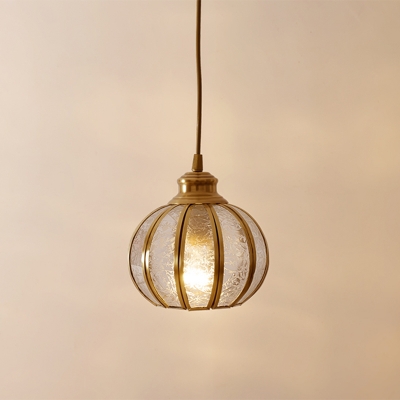 Brass Spherical Pendant Lighting Simplicity Carved Glass 1 Bulb Living Room Suspension Light