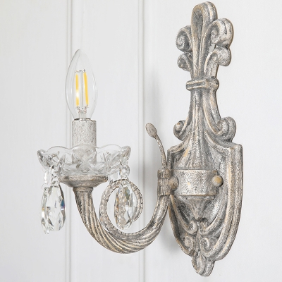Candlestick Crystal Wall Light Fixture Vintage Corridor Wall Mounted Lamp in Distressed White