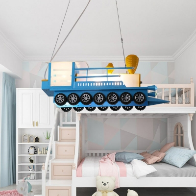 Cartoon Train LED Ceiling Pendant Light Frosted Glass Kids Bedroom Chandelier in Blue