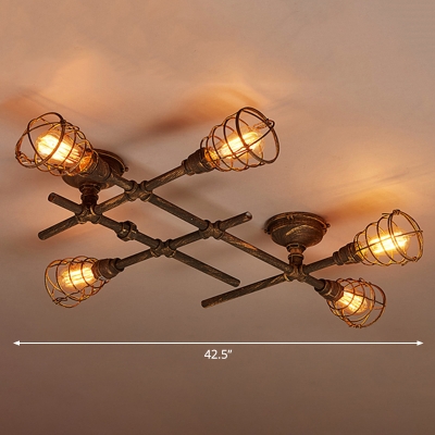 Cast Iron Bronze Flush Light Torch Shaped Steampunk Semi Flush Mount Ceiling Light with Cage