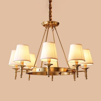 Colonial Style Cone Chandelier Fabric Hanging Pendant Light in Brass for Living Room