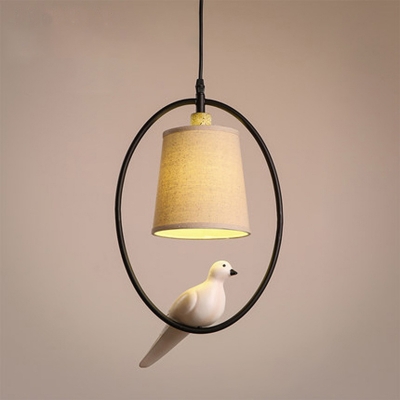 Conical Dining Room Suspension Light Farm Style Fabric White Hanging Lamp with Oval Ring and Bird Decor