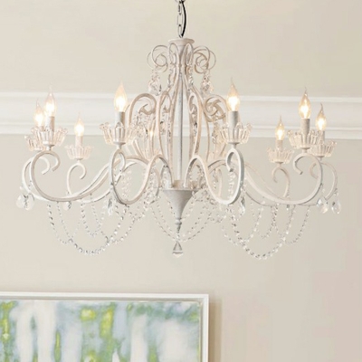 Crystal Bead Dangling Suspension Light Simplicity Living Room Chandelier Light in White
