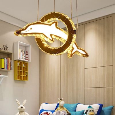 Dolphin Dining Room LED Hanging Light Crystal Minimalistic Chandelier Pendant in White