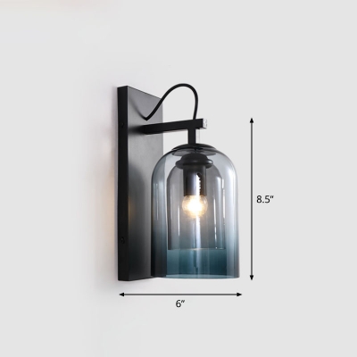 Double-Bell Shaped Foyer Wall Light Kit Ombre Blue Glass 1 Bulb Nordic Sconce Fixture in Black