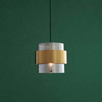 Gold Cylinder Hanging Lamp Simplicity 1-Head Transparent Glass Suspension Pendant over Table