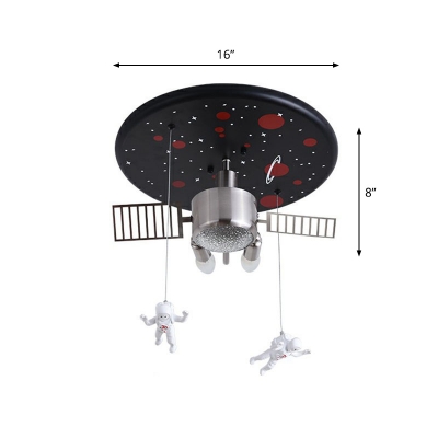 Kids Artificial Satellite Flush Light Metal 3-Bulb Bedroom Ceiling Mounted Fixture in Black