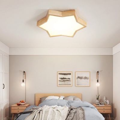 Kids Star Shaped LED Flush Mounted Lamp Wooden Bedroom Ceiling Fixture with Acrylic Diffuser