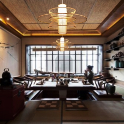 Lotus-Shaped Suspension Light Simplicity Bamboo 1-Light Tea Room Pendant Light Fixture in Wood