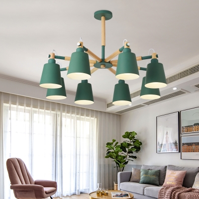 Macaron Bucket Shaped Hanging Light Fixture Metal Living Room Chandelier with Wooden Decor