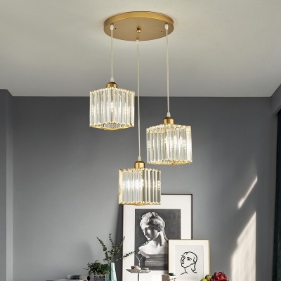 Minimalist 3-Light Cluster Pendant Gold Cylindrical Hanging Light with Crystal Shade