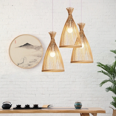 Minimalist Bell Shade Suspension Lighting Bamboo 1 Head Tea Room Pendant Ceiling Light