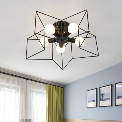Nordic Star Shaped Cage Ceiling Light 5-Bulb Iron Semi Mount Lighting for Bedroom