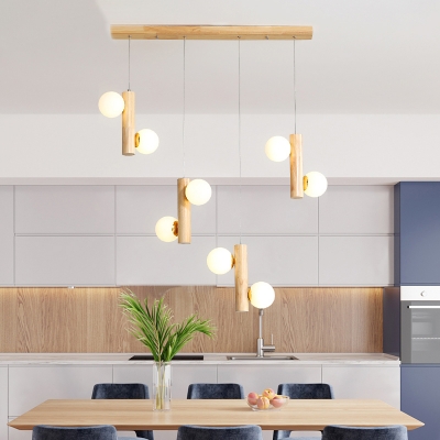 Opal Glass Orb Multi-Light Pendant Nordic Wood Hanging Ceiling Light over Dining Table
