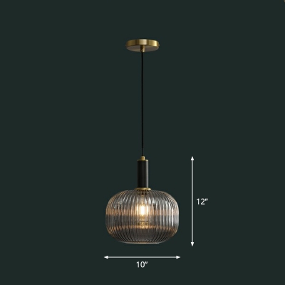 Oval Ribbed Glass Ceiling Pendant Postmodern Single-Bulb Black Suspension Light for Restaurant