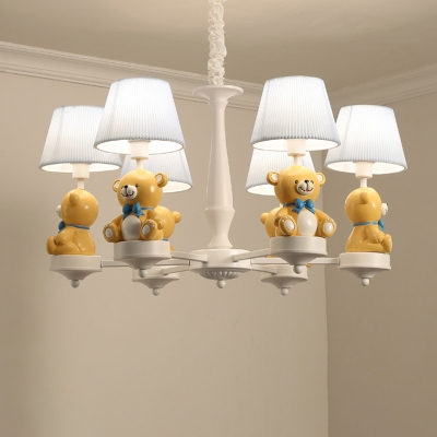 Pleated Fabric Conic Hanging Lamp Cartoon Yellow Chandelier with Resin Bear Deco for Nursery
