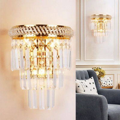 Postmodern Tiered Sconce Lighting Crystal Triangle Prism 3-Light Living Room Wall Lamp in Gold