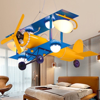 Propeller Biplane Metal Pendant Light Childrens 7-Bulb Yellow and Blue Chandelier