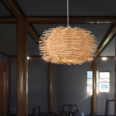 Rattan Bird Nest Pendant Light Contemporary Single-Bulb Wood Suspension Light Fixture