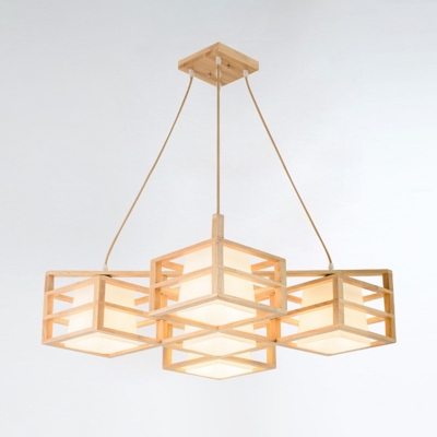 Rhombus Cage Wooden Pendant Light Modern 5-Bulb Multi Light Chandelier with Inner White Glass Shade