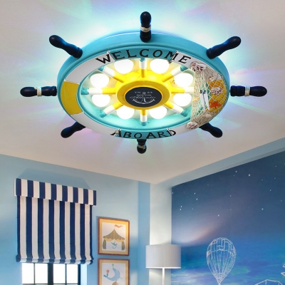 Rudder Bedroom LED Ceiling Light Fixture Wooden 8 Heads Cartoon Flush Mount Lamp