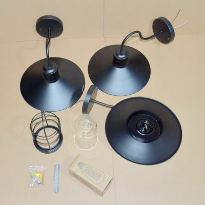 Rustic Gooseneck Wall Mount Light Single Metal Wall Lamp with Saucer Shade and Wire Cage in Black