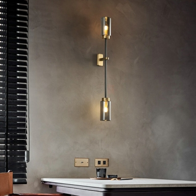 Smoke Grey Glass Tube Wall Lighting Postmodern Gold-Black Sconce Lamp for Stairway