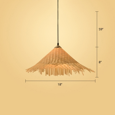 Straw Hat Suspension Light Chinese Bamboo 1-Light Restaurant Pendant Light Fixture in Wood