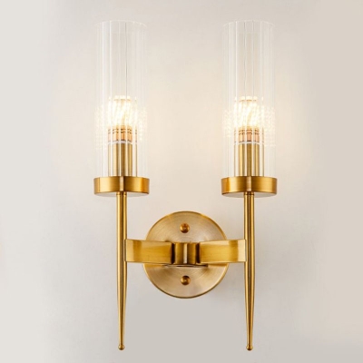 Tubular Fluted Glass Sconce Light Postmodern Gold Finish Wall Mount Lighting with Pencil Arm
