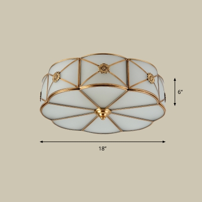 White Glass Scalloped Ceiling Mount Light Traditional Sitting Room Flush Mount Fixture in Brass