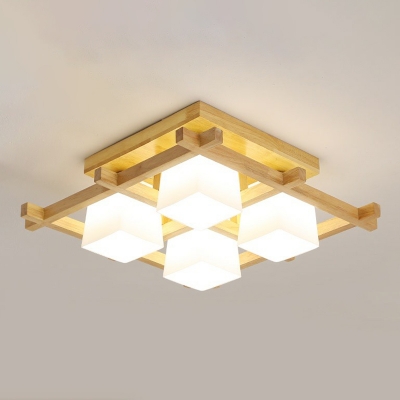 Wood Square Semi Flush Mount Lighting Nordic Ivory Glass Ceiling Light Fixture for Bedroom