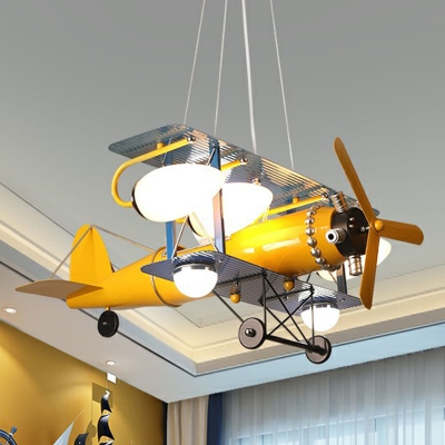 Yellow Biplane Suspension Pendant Light Kids 7 Lights Ivory Glass Ceiling Chandelier