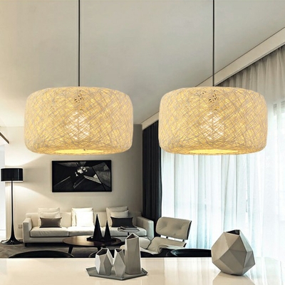 1-Bulb Dining Room Pendant Lamp Nordic Style Ceiling Light Fixture with Drum Rattan Shade