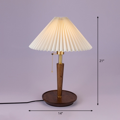 1 Bulb Pleated Fabric Table Light Nordic White Conical Bedside Night Lamp with Pull Chain and Wooden Base