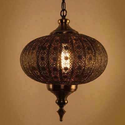 1 Head Hollowed-out Lantern Hanging Light Moroccan Bronze Metal Ceiling Pendant Lamp