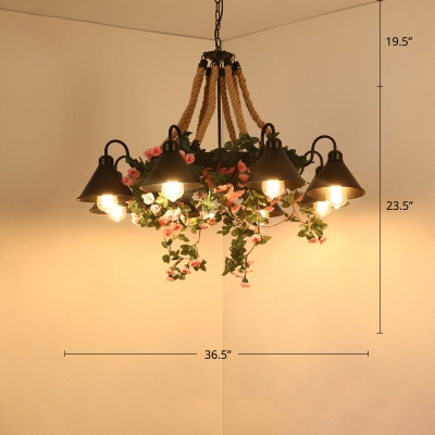8-Light Metal Hanging Lighting Industrial Conical Restaurant Chandelier with Plant Decor