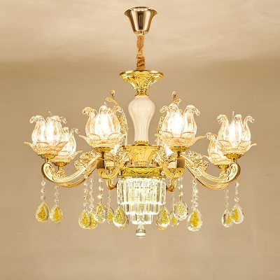 Antique Style Lotus Chandelier Lamp Clear K9 Crystal Pendant Lighting Fixture in Gold