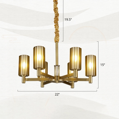 Antiqued Gold Chandelier Postmodern Amber Rib Glass Cylinder Pendant Light Fixture