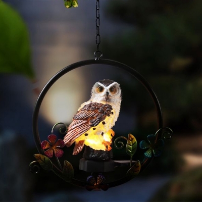 Art Decor Bird LED Pendant Light Resin Garden Solar Hanging Lamp with Metallic Ring, 1 Pc