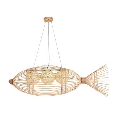 Bamboo Fish Hanging Chandelier Asian Wood Pendant Light with Ball Rattan Shade for Restaurant