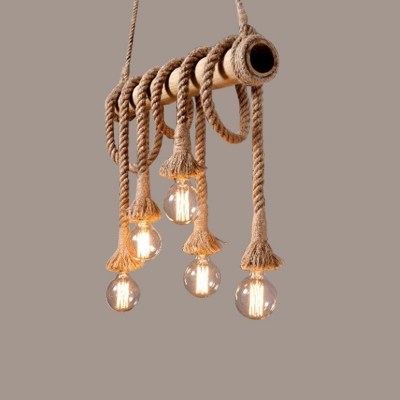 Bamboo Pole Island Ceiling Light Cottage 6 Heads Restaurant Hanging Lamp with Dangling Rope in Brown