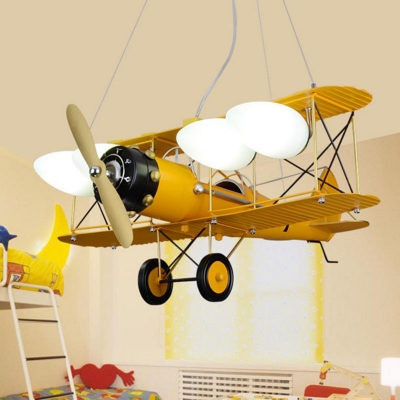 Biplane Hanging Light Fixture Kids Milky Glass 4-Light Bedroom Pendant Chandelier
