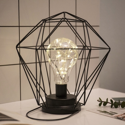 Black Cage LED Night Table Light Art Deco 1-Light Metal Battery Nightstand Lamp for Room